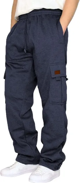 Mens Heavyweight Fleece Cargo Sweatpants Joggers Baggy Elastic Waist Drawstring Workout Pants with Pockets Winter