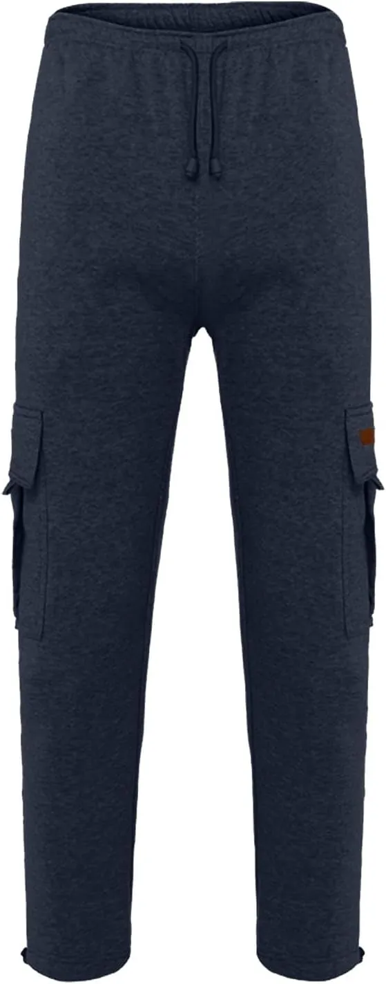 Mens Heavyweight Fleece Cargo Sweatpants Joggers Baggy Elastic Waist Drawstring Workout Pants with Pockets Winter
