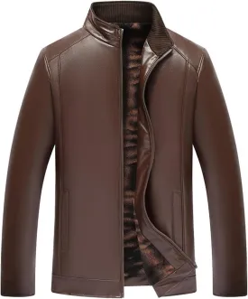 Mens Leather Jacket Fleece Lined Motorcycle Jacket Stand Collar Winter Coat Waterproof Biker Jacket Casual Warm Jacket