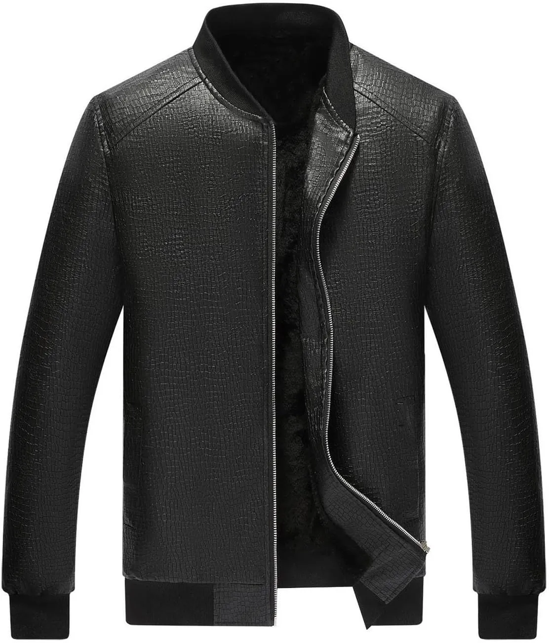 Mens Leather Jacket Fleece Lined Motorcycle Jacket Stand Collar Winter Coat Waterproof Biker Jacket Casual Warm Jacket
