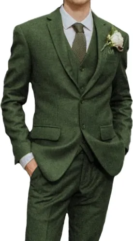 Mens Suit Slim Fit Tweed Herringbone Suit for Men Wool Blend Blazer Vest Pants Tuxedo Set