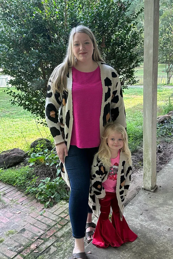 MY15267 Mom and me knitted leopard long style open cardigan/sweater w/pockets
