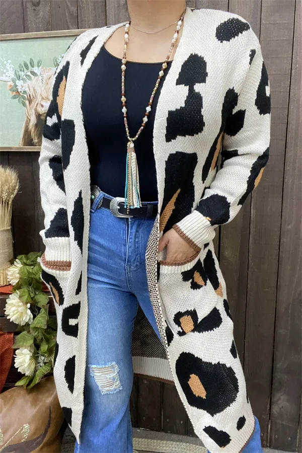MY15267 Mom and me knitted leopard long style open cardigan/sweater w/pockets