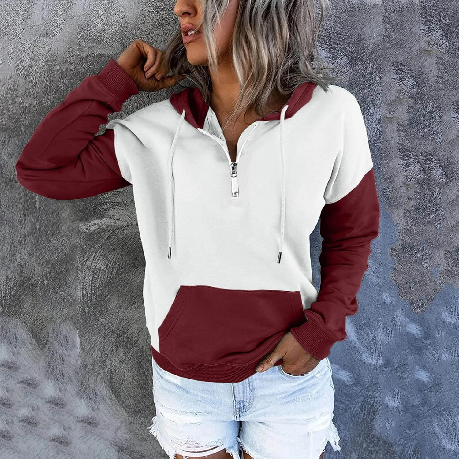 NaRHbrg Lightweight Hoodies for Women Color Block Hooded Sweatshirt Zip-Up Jersey Jacket Long Sleeve Top with Pockets