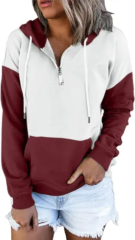 NaRHbrg Lightweight Hoodies for Women Color Block Hooded Sweatshirt Zip-Up Jersey Jacket Long Sleeve Top with Pockets