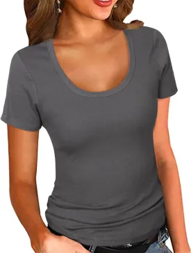 PALINDA Women's Scoop Neck Ribbed Fitted Shirt Basic Short Sleeves Summer T Shirt Tops