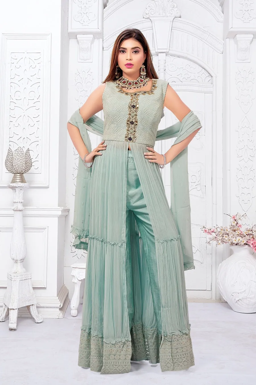 Pistachio Ladies Suit with Center Slit and Pant