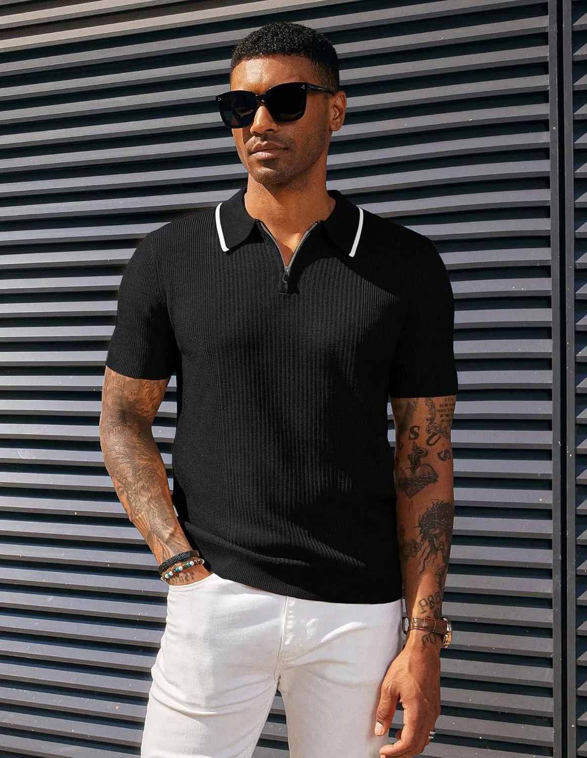 PJ PAUL JONES Men's Quarter Zip Polo Shirts Contrast Collar Knit Polo Shirt Short Sleeve Polos