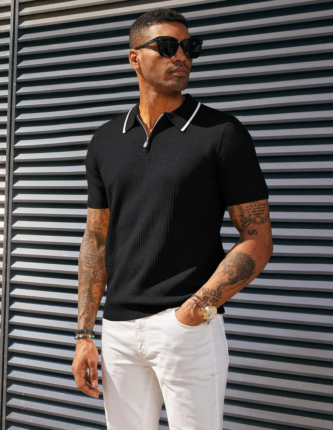 PJ PAUL JONES Men's Quarter Zip Polo Shirts Contrast Collar Knit Polo Shirt Short Sleeve Polos