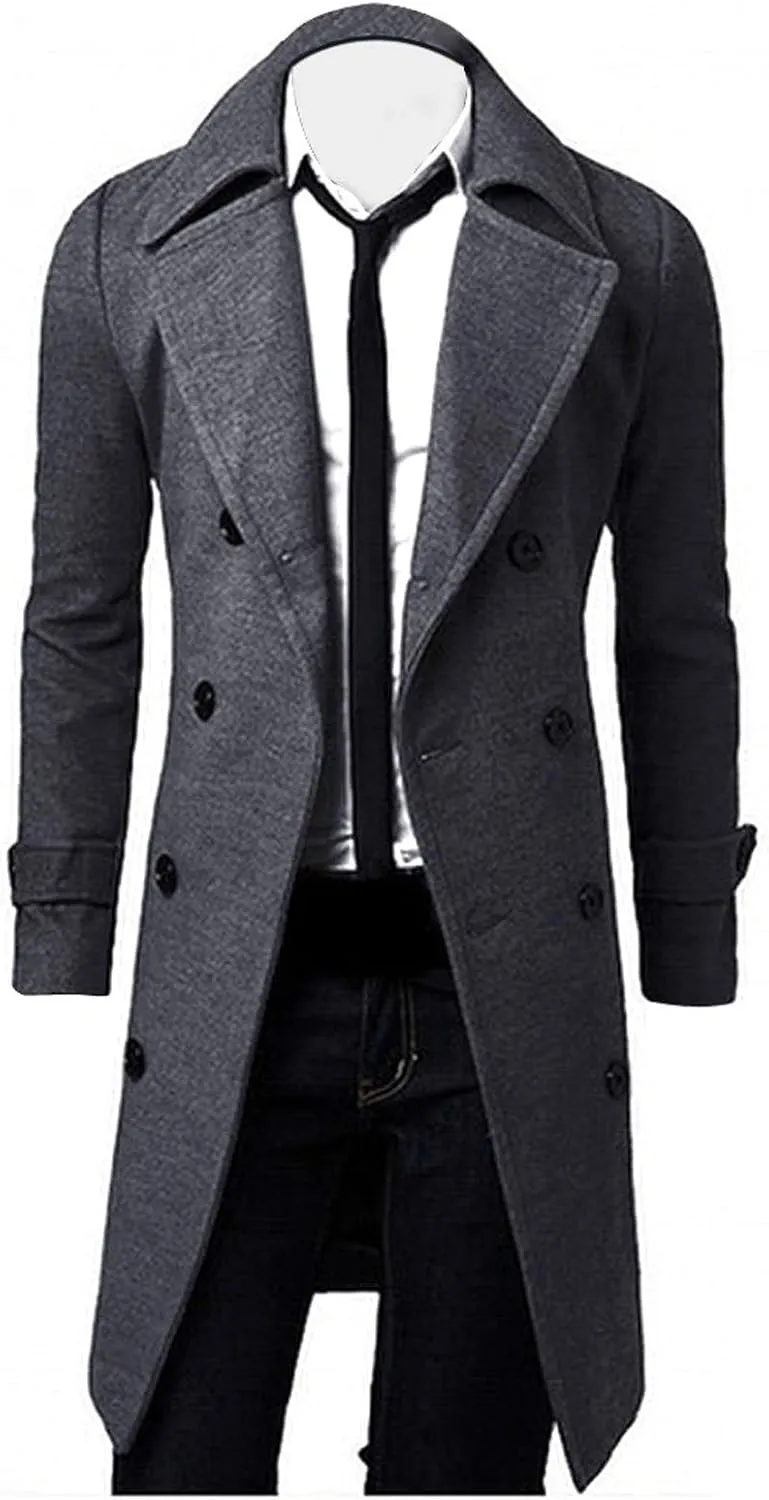 QWENTMTNTY Wool Pea Coats for Men Winter Slim Fit Casual Single Breasted Trench Coat Mid-Length Thermal Business Peacoat