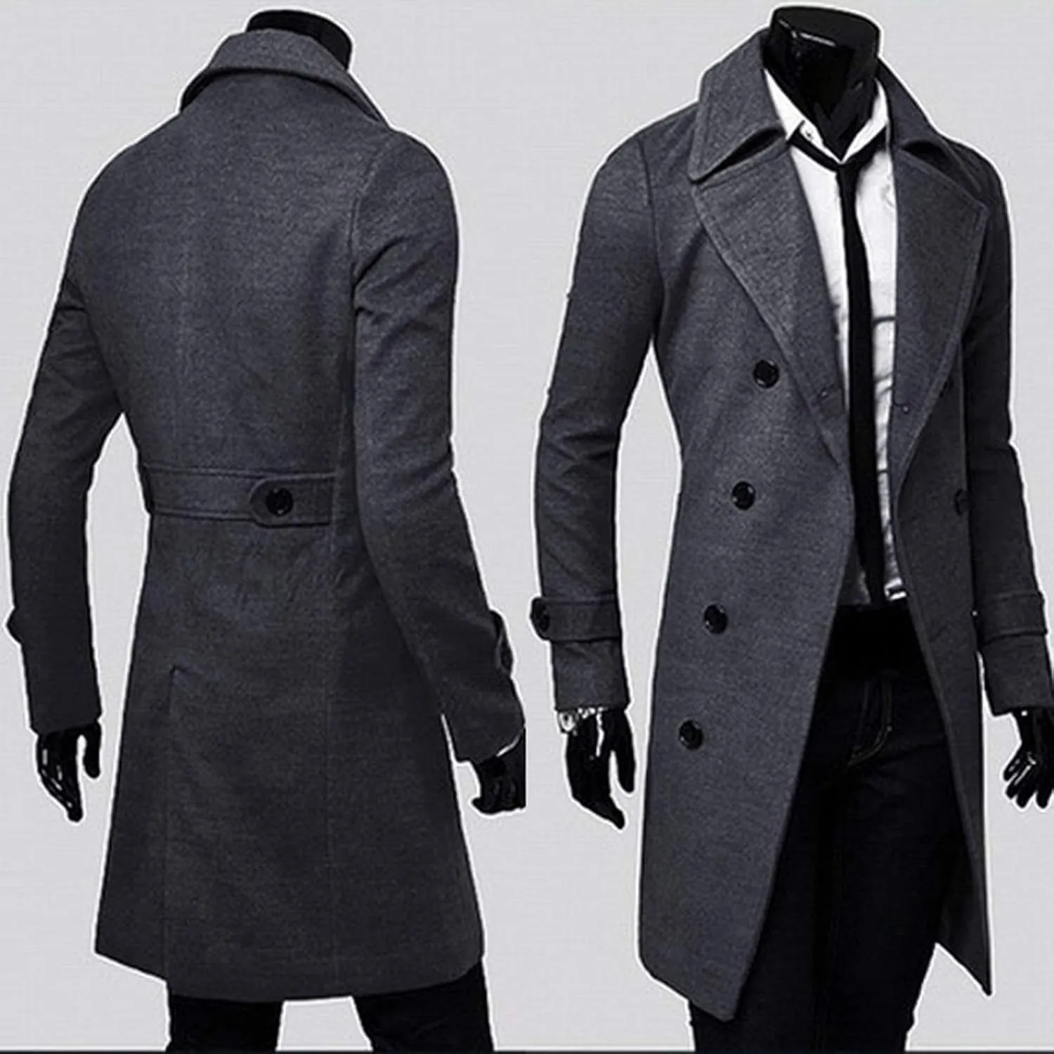 QWENTMTNTY Wool Pea Coats for Men Winter Slim Fit Casual Single Breasted Trench Coat Mid-Length Thermal Business Peacoat