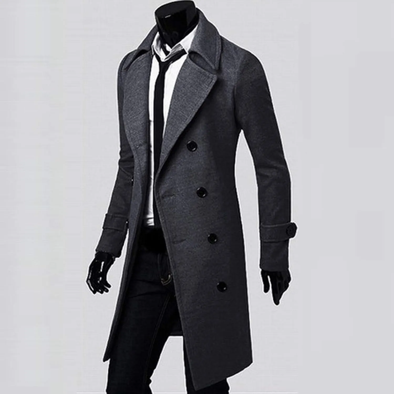 QWENTMTNTY Wool Pea Coats for Men Winter Slim Fit Casual Single Breasted Trench Coat Mid-Length Thermal Business Peacoat