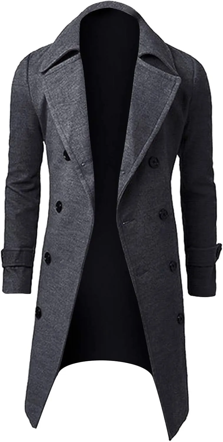 QWENTMTNTY Wool Pea Coats for Men Winter Slim Fit Casual Single Breasted Trench Coat Mid-Length Thermal Business Peacoat