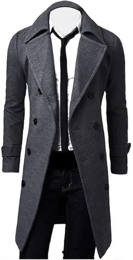 QWENTMTNTY Wool Pea Coats for Men Winter Slim Fit Casual Single Breasted Trench Coat Mid-Length Thermal Business Peacoat