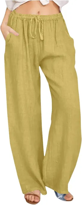 Ruziyoog Womens Cotton Linen Palazzo Pants Drawstring Elastic Waist Casual Wide Leg Beach Pants Summer Loose Fit Trousers