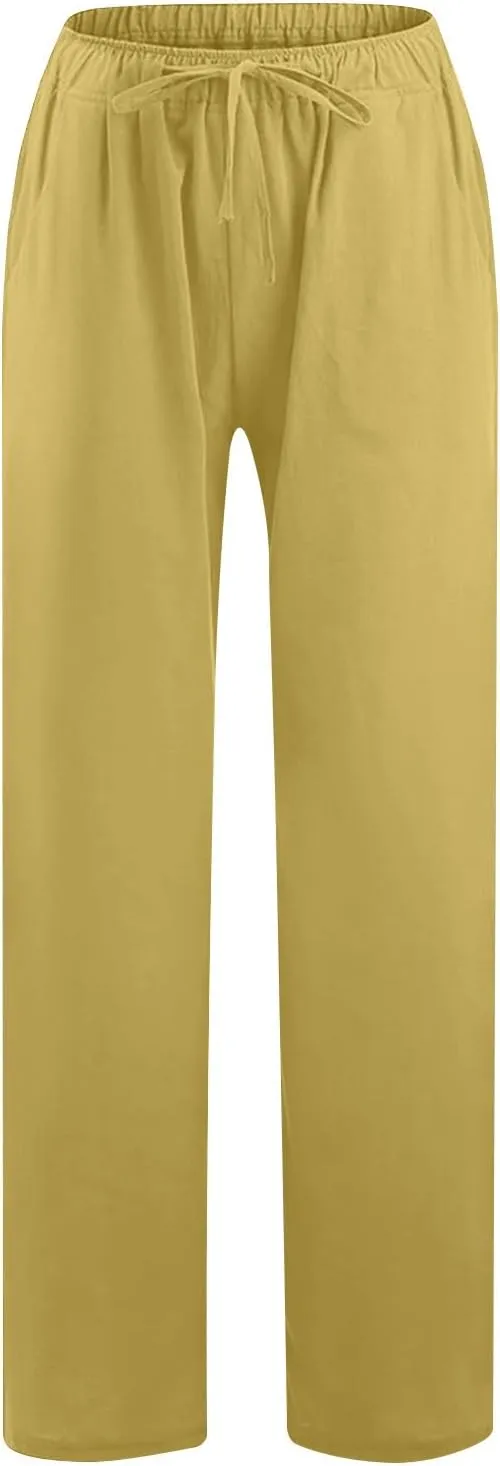 Ruziyoog Womens Cotton Linen Palazzo Pants Drawstring Elastic Waist Casual Wide Leg Beach Pants Summer Loose Fit Trousers