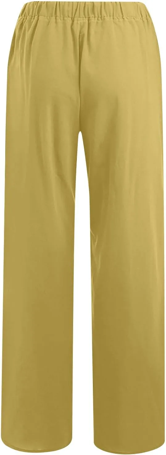 Ruziyoog Womens Cotton Linen Palazzo Pants Drawstring Elastic Waist Casual Wide Leg Beach Pants Summer Loose Fit Trousers