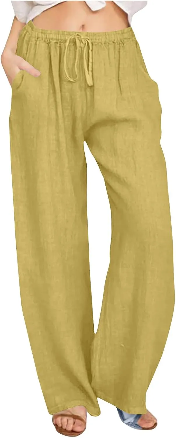 Ruziyoog Womens Cotton Linen Palazzo Pants Drawstring Elastic Waist Casual Wide Leg Beach Pants Summer Loose Fit Trousers