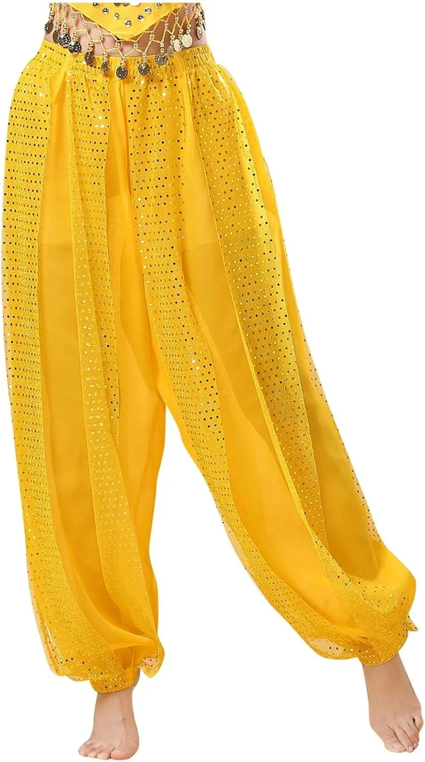 Sequin Pants for Women Baggy Belly Dance Performance Dance Pants Loose Highlight Lightweight Flowy Harem Pants