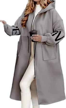 SOMTHRON Women's Hooded Trench Coat Knitted Long Sleeve Zip Up Oversized Jacket Casual Drawstring Waist Overcoat