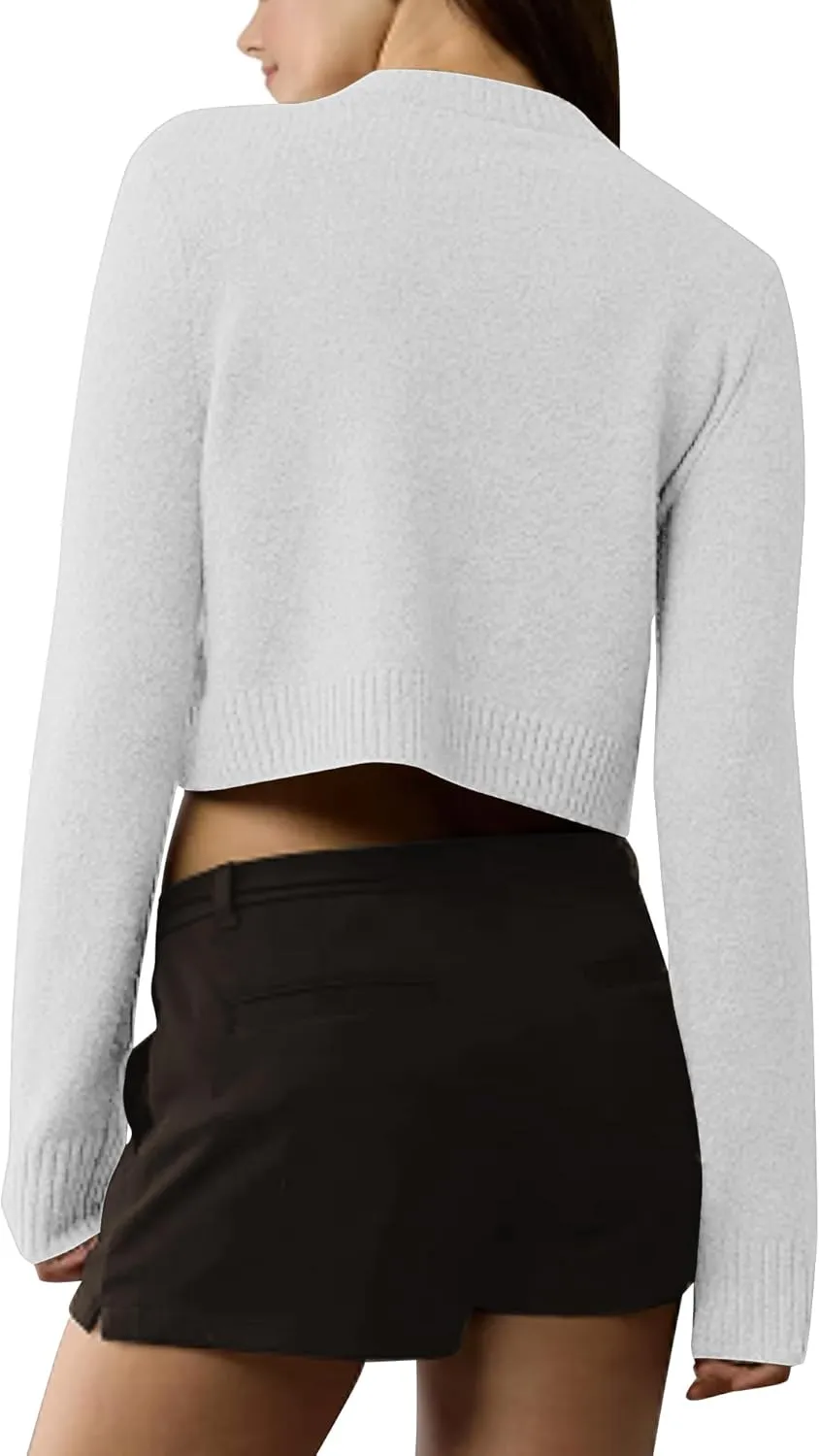 Urban CoCo Women's Crew Neck Cropped Cardigan Sweaters Long Sleeve Open Front Button Down Shrug Sweater Jackets