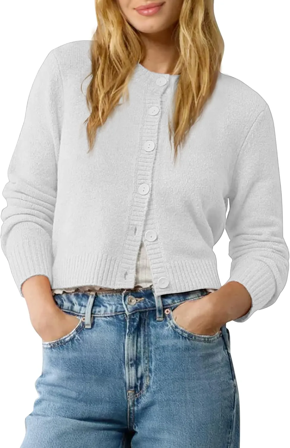 Urban CoCo Women's Crew Neck Cropped Cardigan Sweaters Long Sleeve Open Front Button Down Shrug Sweater Jackets