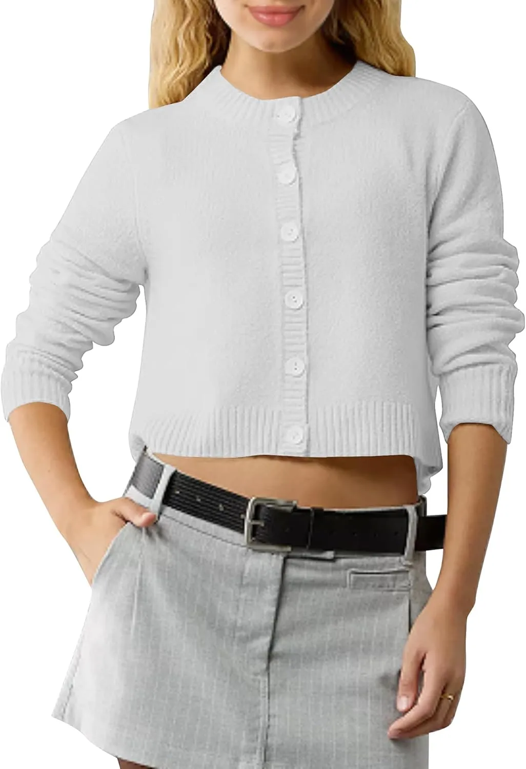 Urban CoCo Women's Crew Neck Cropped Cardigan Sweaters Long Sleeve Open Front Button Down Shrug Sweater Jackets