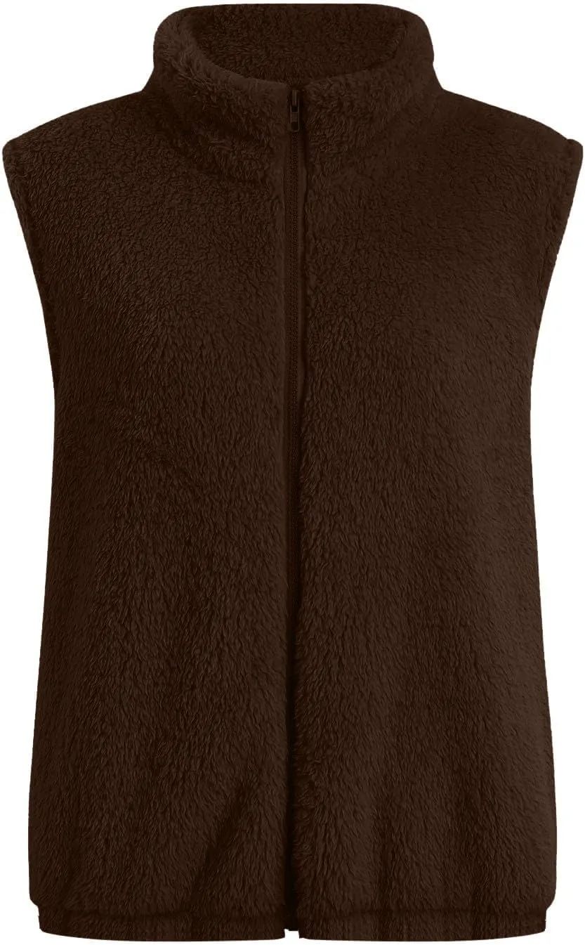 Women Fleece Vest Casual Sleeveless Sherpa Jacket Zip Up Stand Collar Fuzzy Jacket Casual Sherpa Vest with Pocket