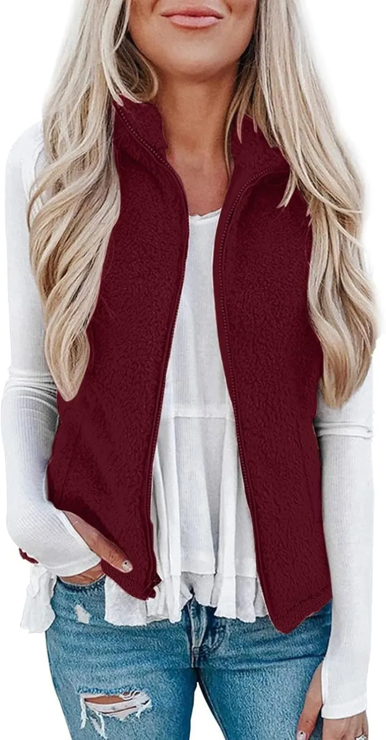 Women Fleece Vest Casual Sleeveless Sherpa Jacket Zip Up Stand Collar Fuzzy Jacket Casual Sherpa Vest with Pocket