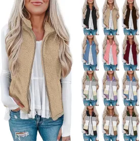 Women Fleece Vest Casual Sleeveless Sherpa Jacket Zip Up Stand Collar Fuzzy Jacket Casual Sherpa Vest with Pocket