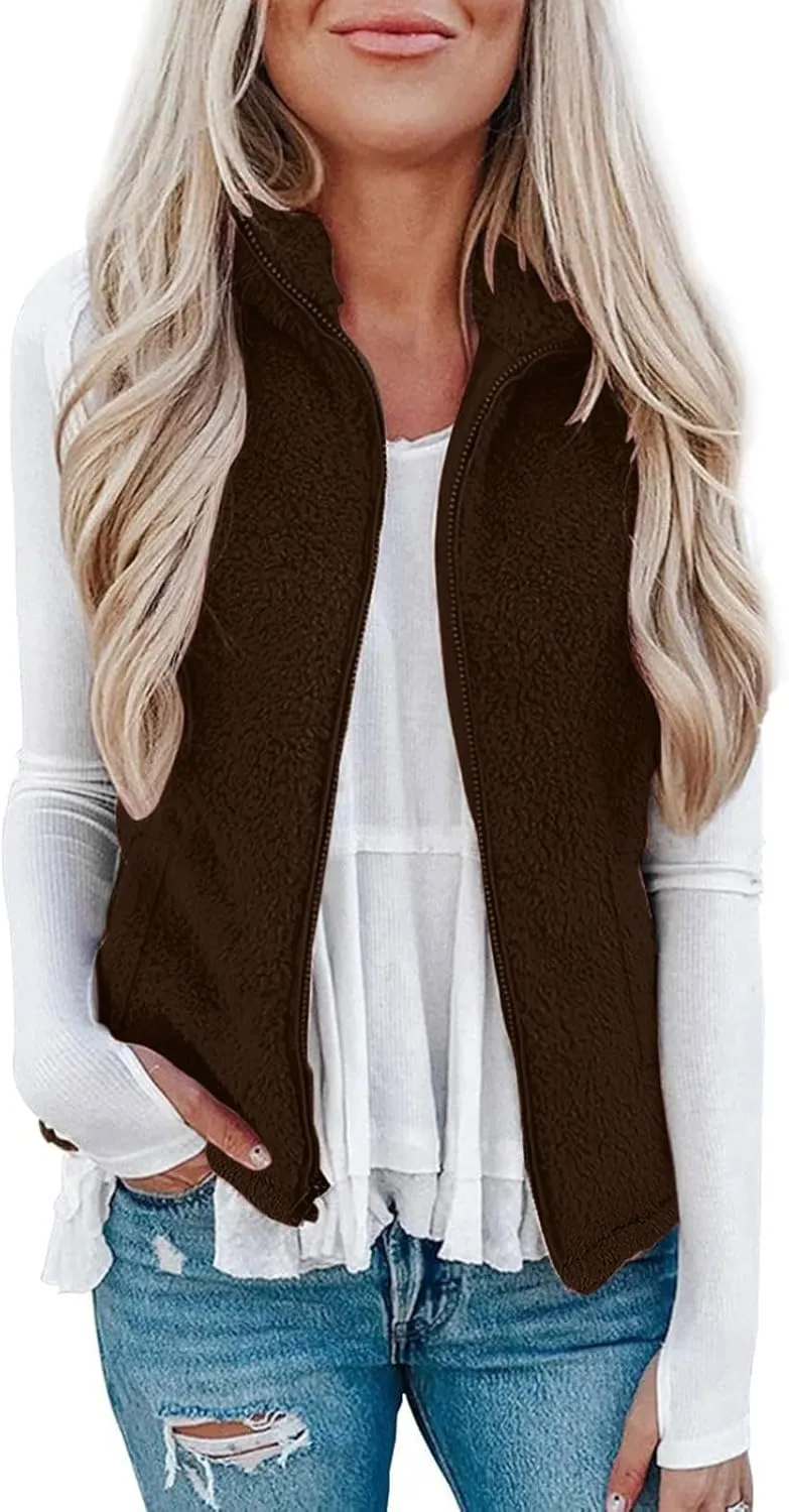 Women Fleece Vest Casual Sleeveless Sherpa Jacket Zip Up Stand Collar Fuzzy Jacket Casual Sherpa Vest with Pocket
