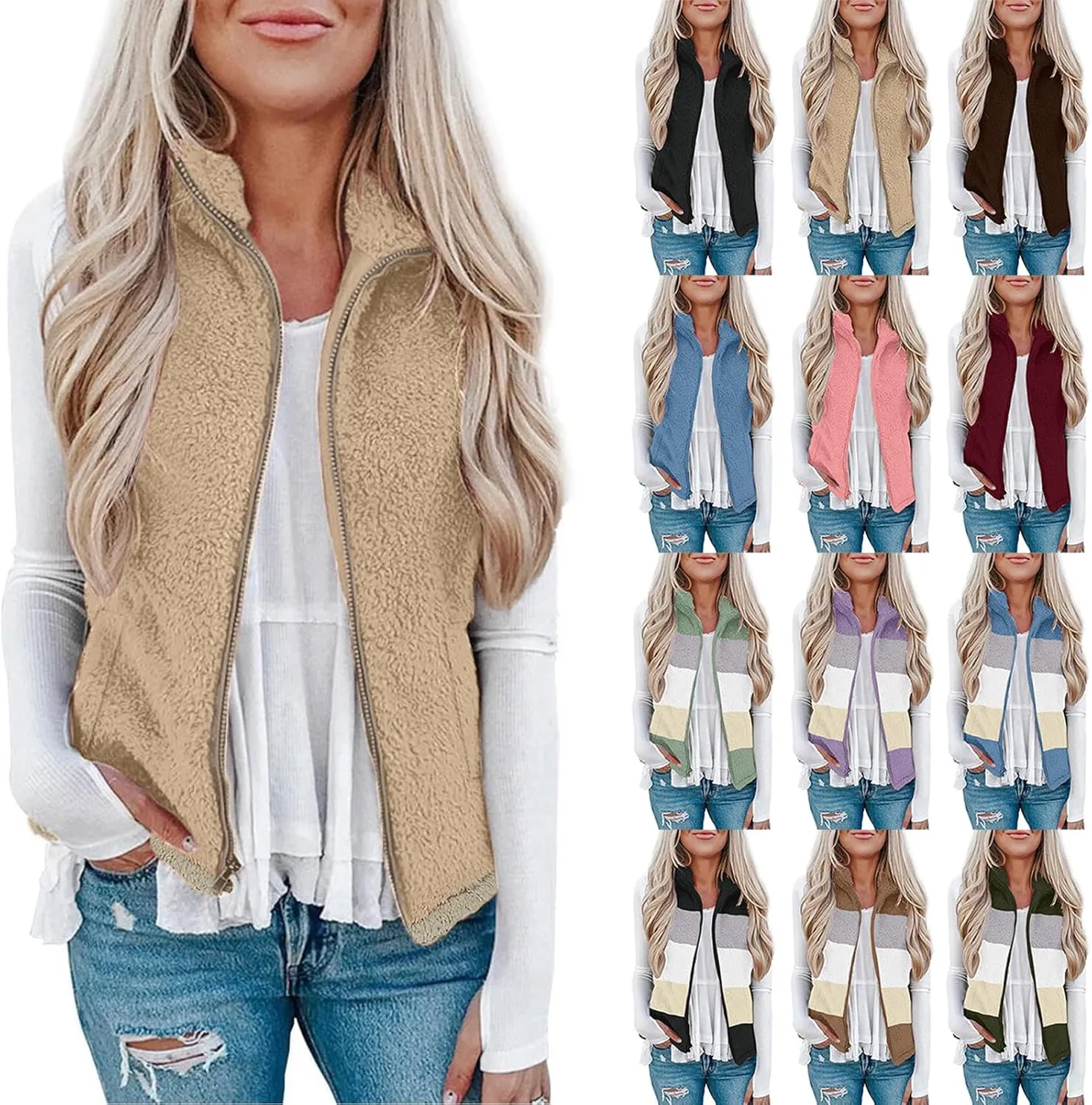 Women Fleece Vest Casual Sleeveless Sherpa Jacket Zip Up Stand Collar Fuzzy Jacket Casual Sherpa Vest with Pocket