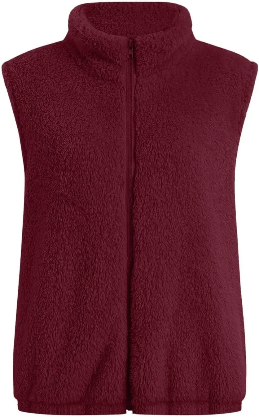 Women Fleece Vest Casual Sleeveless Sherpa Jacket Zip Up Stand Collar Fuzzy Jacket Casual Sherpa Vest with Pocket