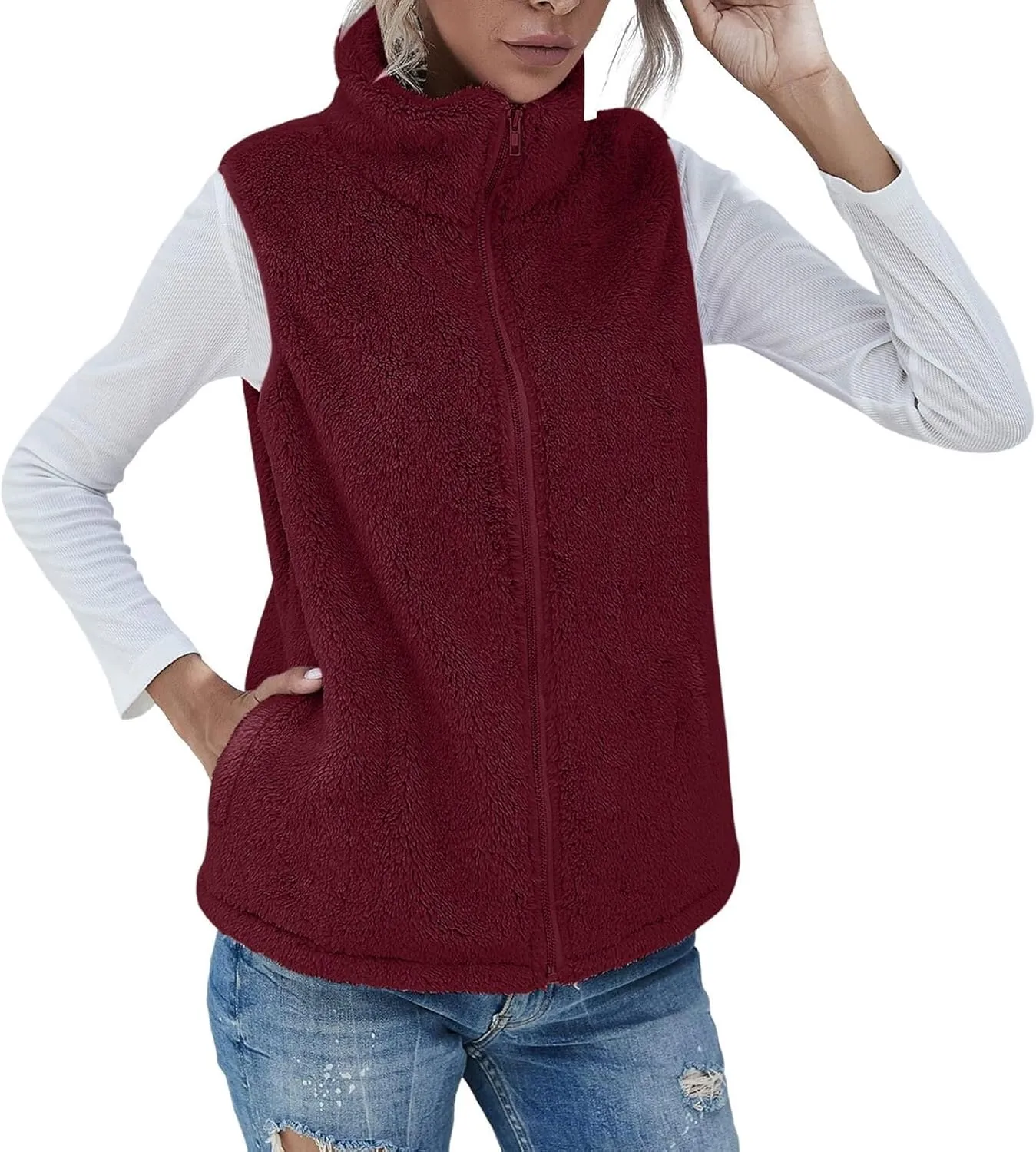 Women Fleece Vest Casual Sleeveless Sherpa Jacket Zip Up Stand Collar Fuzzy Jacket Casual Sherpa Vest with Pocket