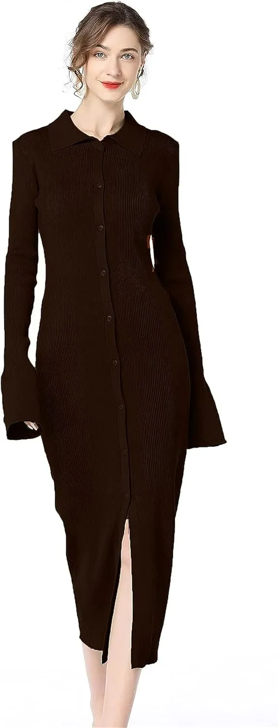 Women Knitted Sweater Single Breasted Lapel Cardigan Long Sleeve Dress
