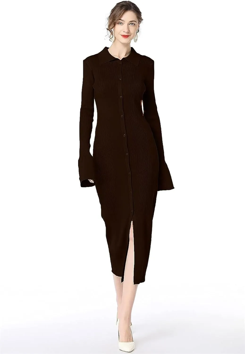 Women Knitted Sweater Single Breasted Lapel Cardigan Long Sleeve Dress