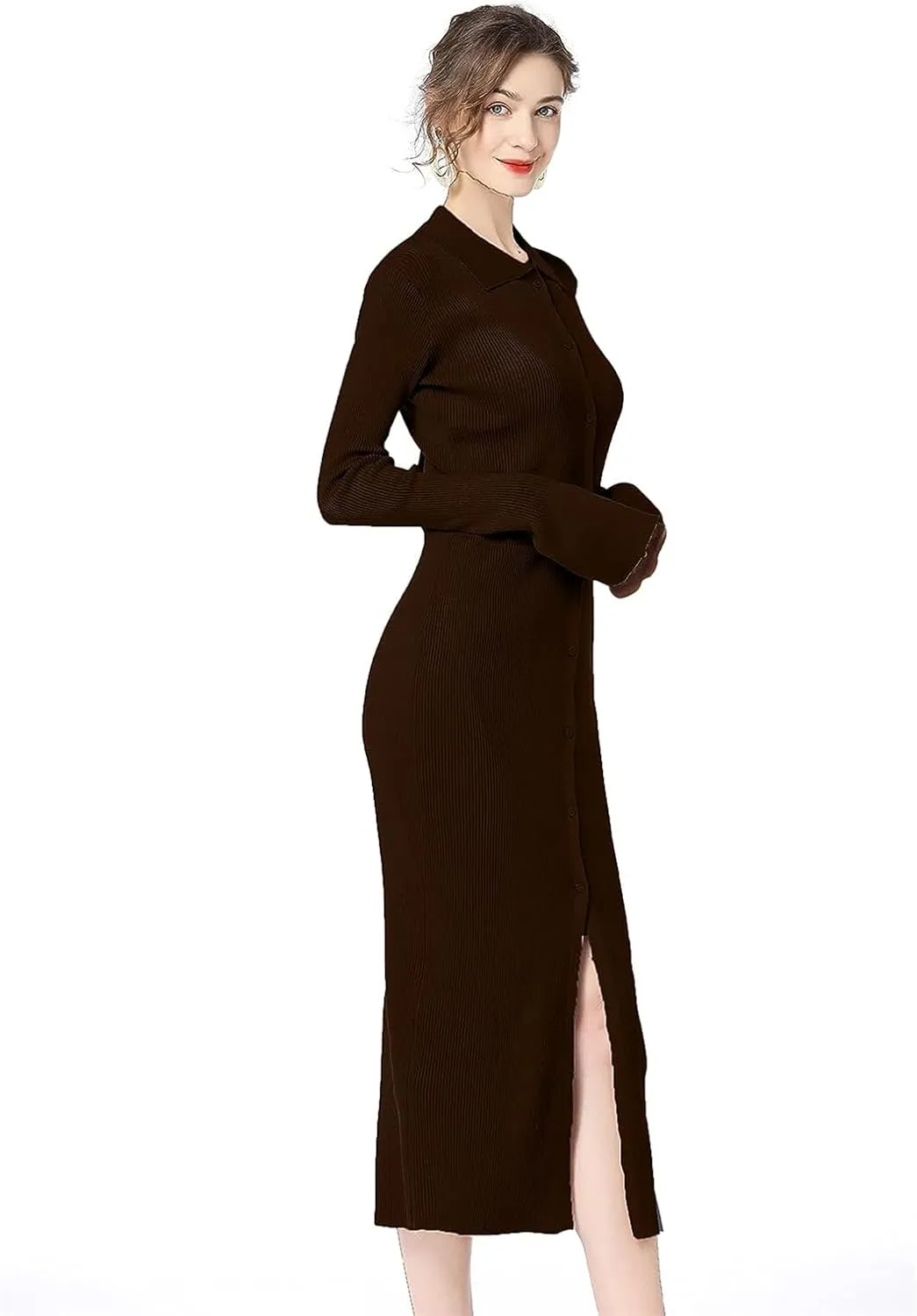 Women Knitted Sweater Single Breasted Lapel Cardigan Long Sleeve Dress