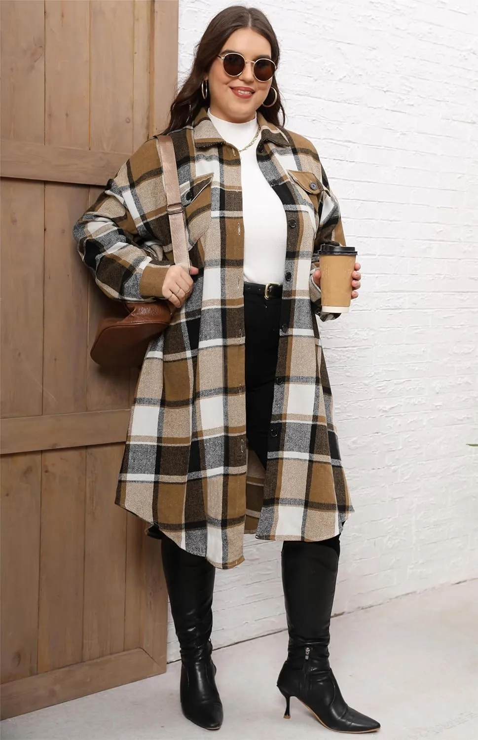 Women's 2025 Plus Size Plaid Flannel Shacket Loose Fit Long Shirts Jacket Tartan Boyfriend Oversized Coat