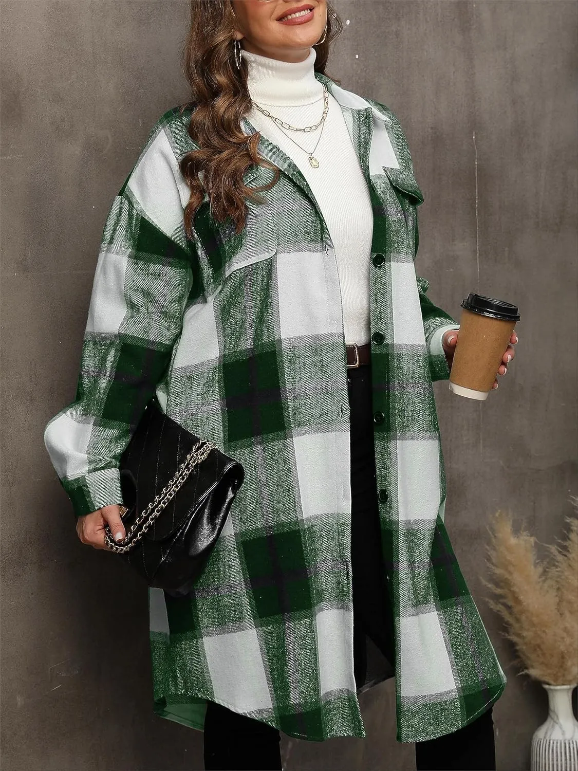 Women's 2025 Plus Size Plaid Flannel Shacket Loose Fit Long Shirts Jacket Tartan Boyfriend Oversized Coat