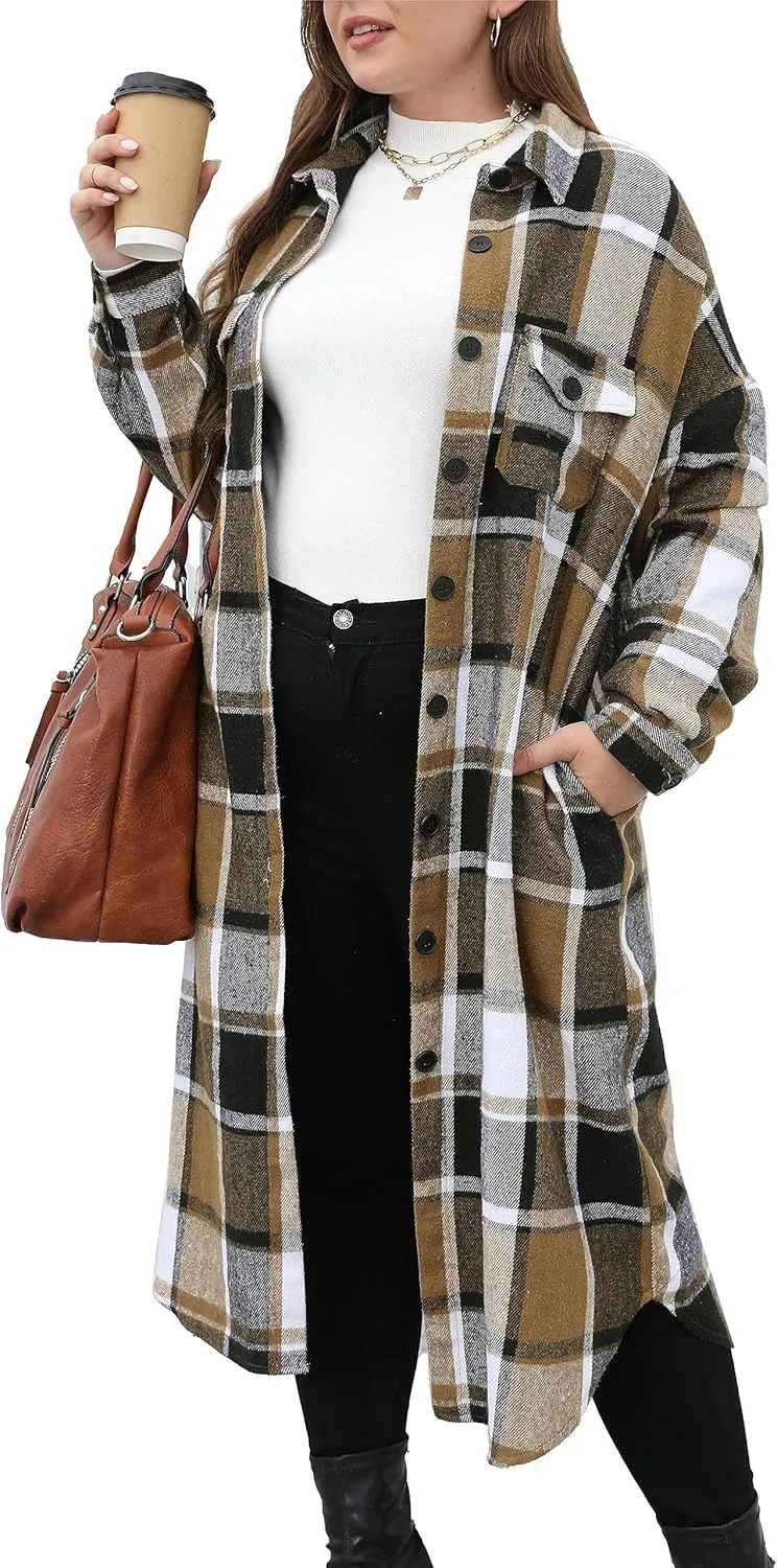 Women's 2025 Plus Size Plaid Flannel Shacket Loose Fit Long Shirts Jacket Tartan Boyfriend Oversized Coat