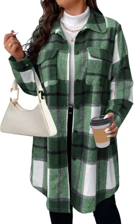 Women's 2025 Plus Size Plaid Flannel Shacket Loose Fit Long Shirts Jacket Tartan Boyfriend Oversized Coat