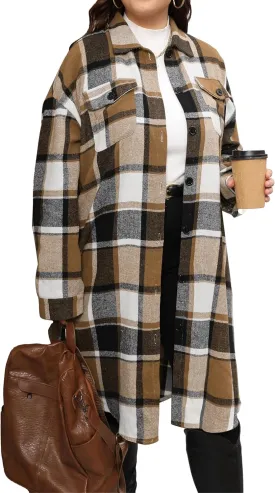 Women's 2025 Plus Size Plaid Flannel Shacket Loose Fit Long Shirts Jacket Tartan Boyfriend Oversized Coat