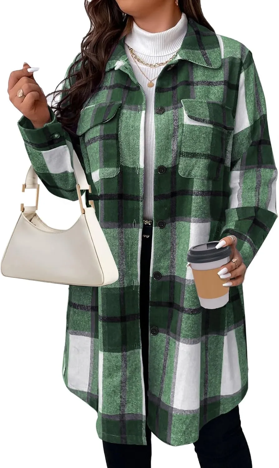 Women's 2025 Plus Size Plaid Flannel Shacket Loose Fit Long Shirts Jacket Tartan Boyfriend Oversized Coat