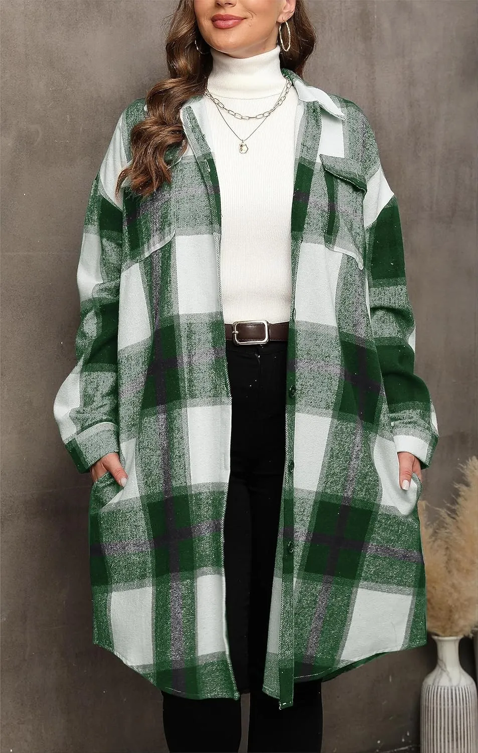 Women's 2025 Plus Size Plaid Flannel Shacket Loose Fit Long Shirts Jacket Tartan Boyfriend Oversized Coat