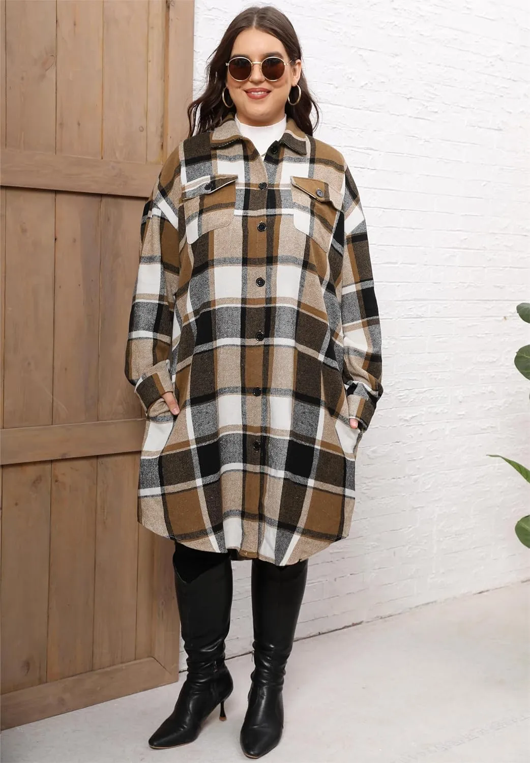 Women's 2025 Plus Size Plaid Flannel Shacket Loose Fit Long Shirts Jacket Tartan Boyfriend Oversized Coat
