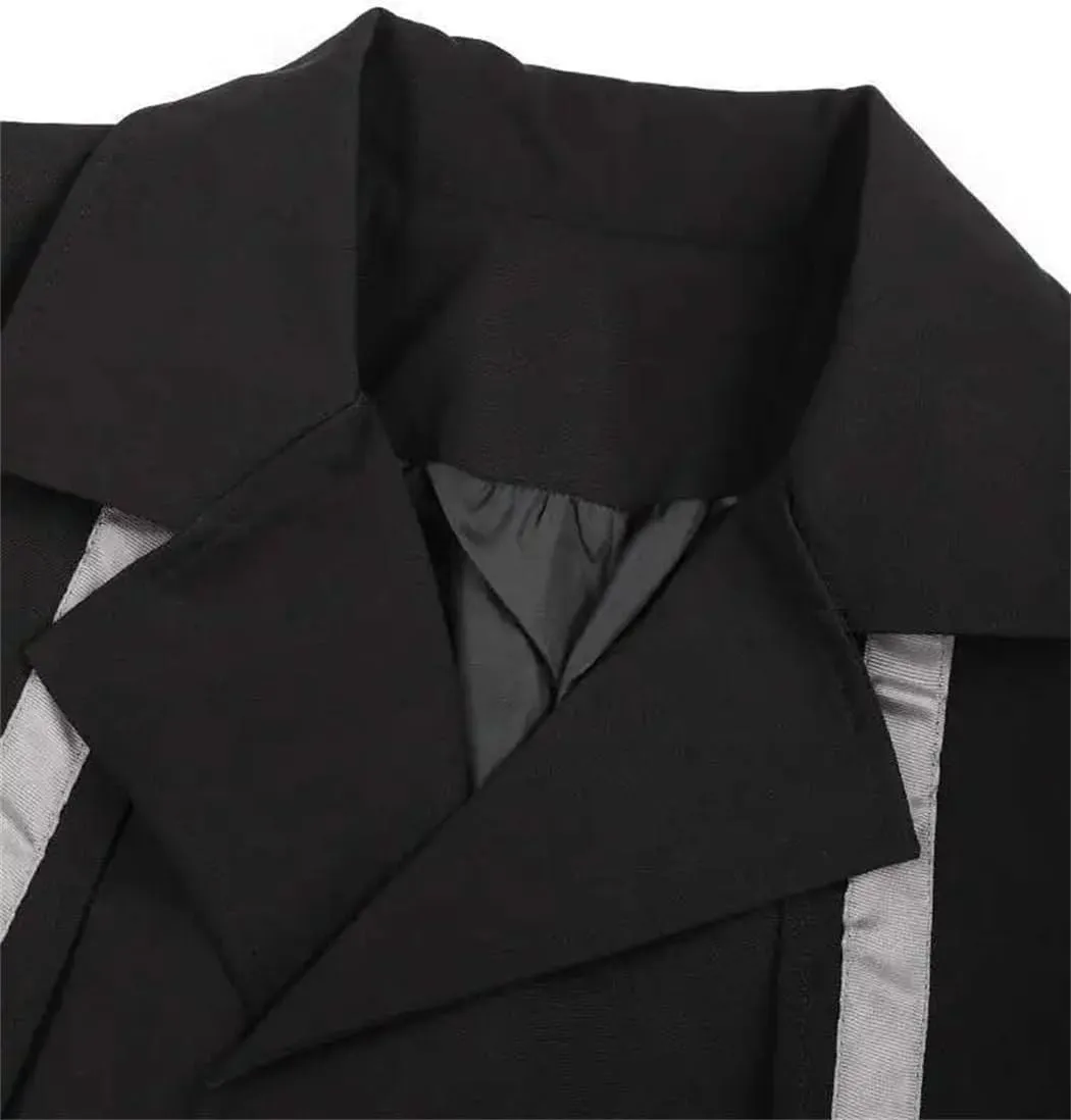 Women's Black Color-Block Trench Coat Button Detail Turn-Down Collar Long Sleeve Loose Fit Windbreaker For Spring Autumn