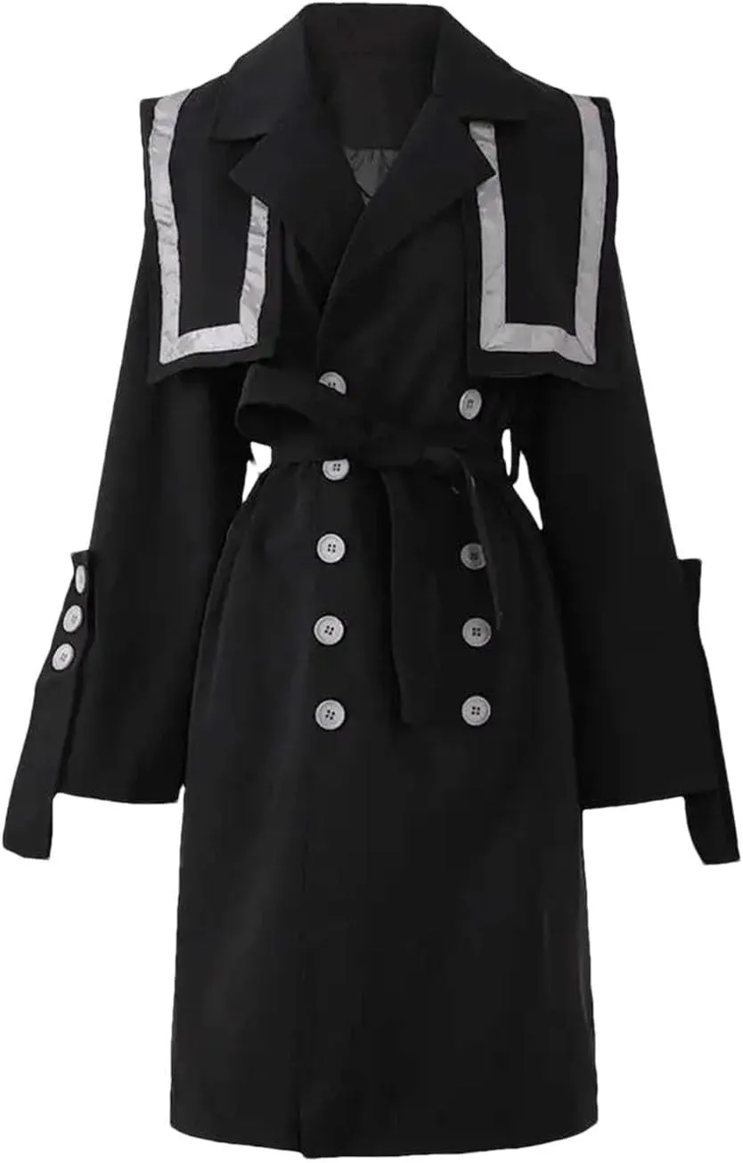 Women's Black Color-Block Trench Coat Button Detail Turn-Down Collar Long Sleeve Loose Fit Windbreaker For Spring Autumn