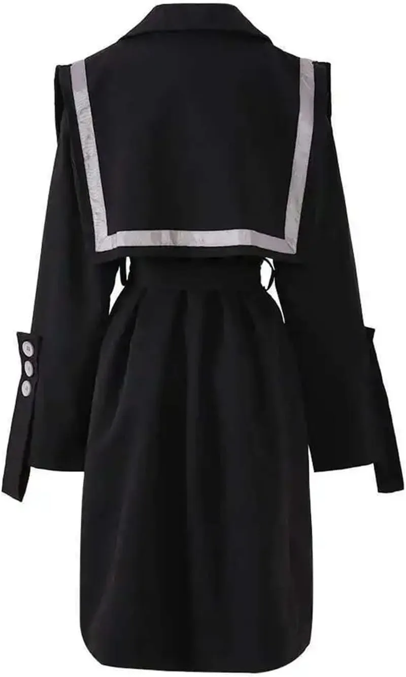 Women's Black Color-Block Trench Coat Button Detail Turn-Down Collar Long Sleeve Loose Fit Windbreaker For Spring Autumn