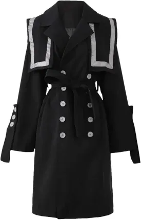 Women's Black Color-Block Trench Coat Button Detail Turn-Down Collar Long Sleeve Loose Fit Windbreaker For Spring Autumn