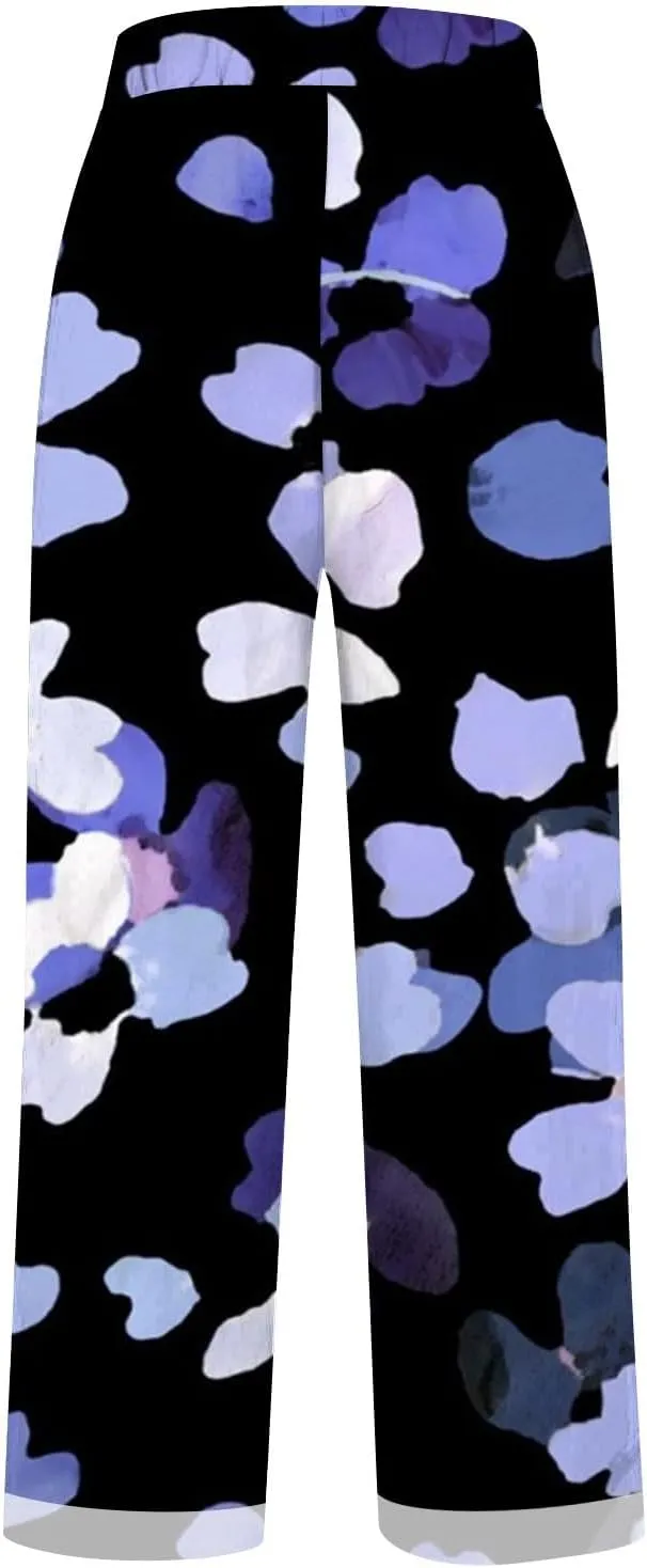 Women's Casual Boho Floral Printed Cotton Linen Pant Elastic Waisted Drawstring Summer Beach Baggy Capri with Pockets
